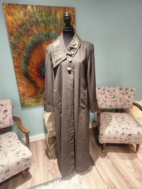 Long Olive Coat with Satin-Trim Collar